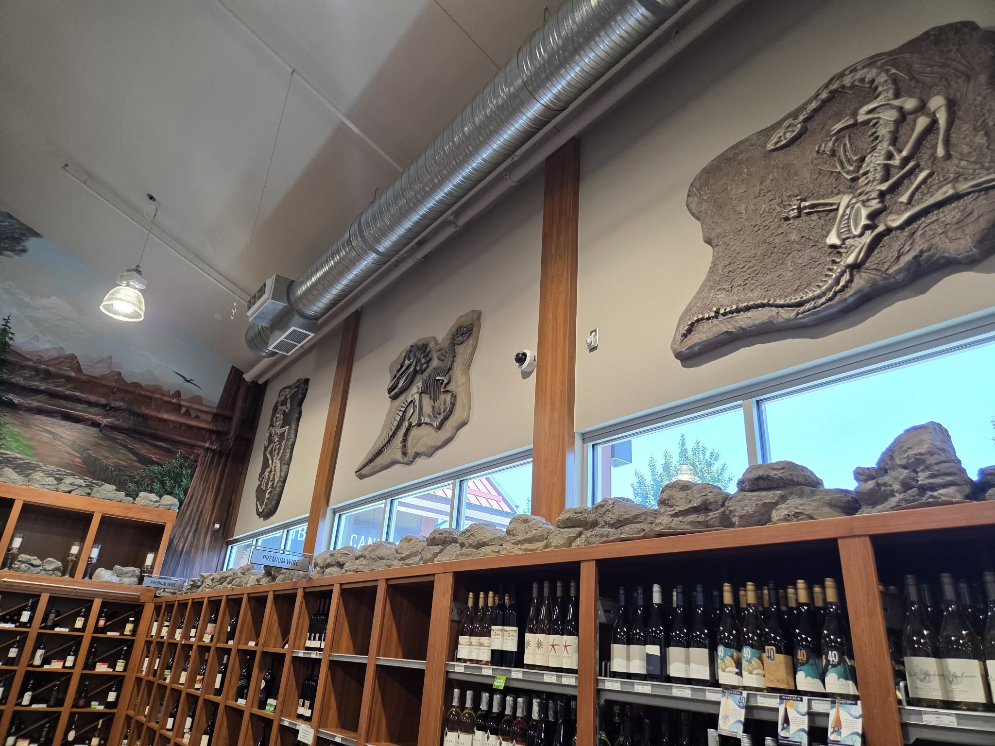 Three large dinosaur fossil reliefs mounted on the wall above the premium wine section