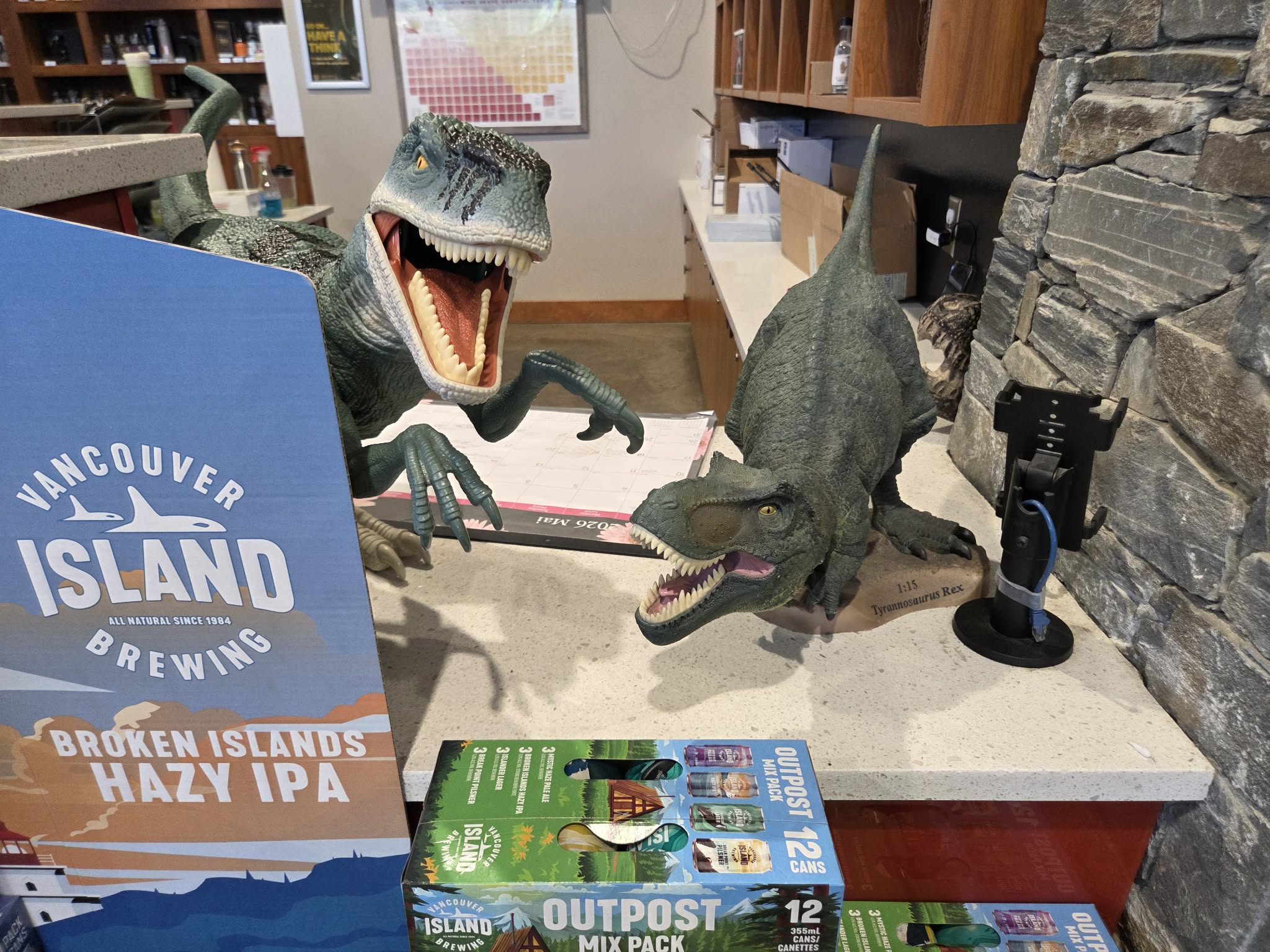 Two raptors perched on the customer service counter beside a Vancouver Island Brewing display