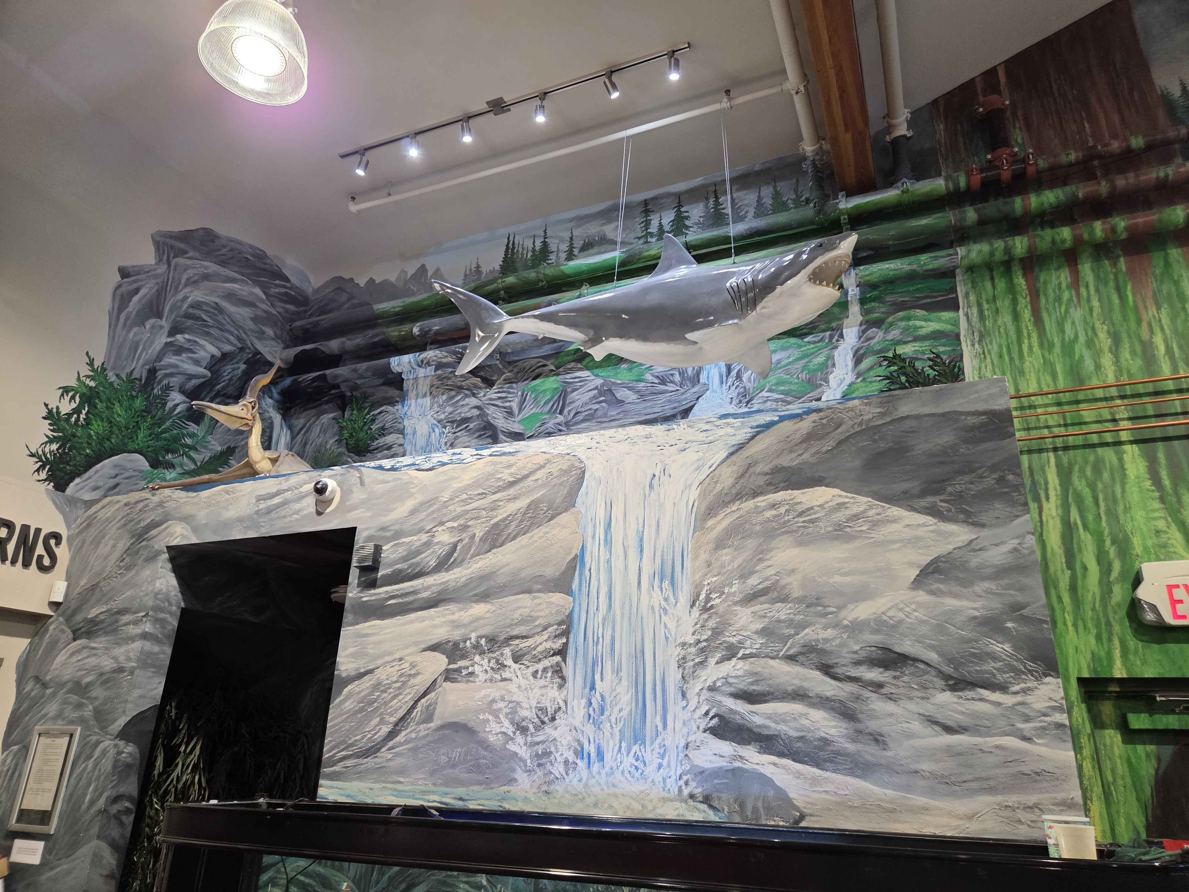 A large shark suspended in mid-air with a pteranodon perched on the rocks beside the painted waterfall mural